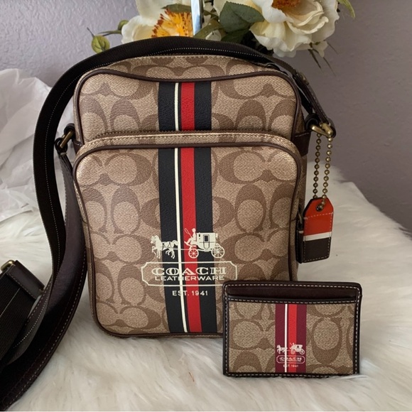 Vintage Coach Tan Messenger Bag with Red and Black Stripes - Picture 1 of 16